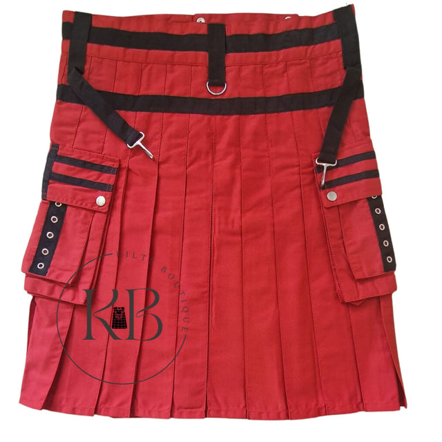 Red & Black Fashion Utility Kilt Detachable Apron Flap Pockets