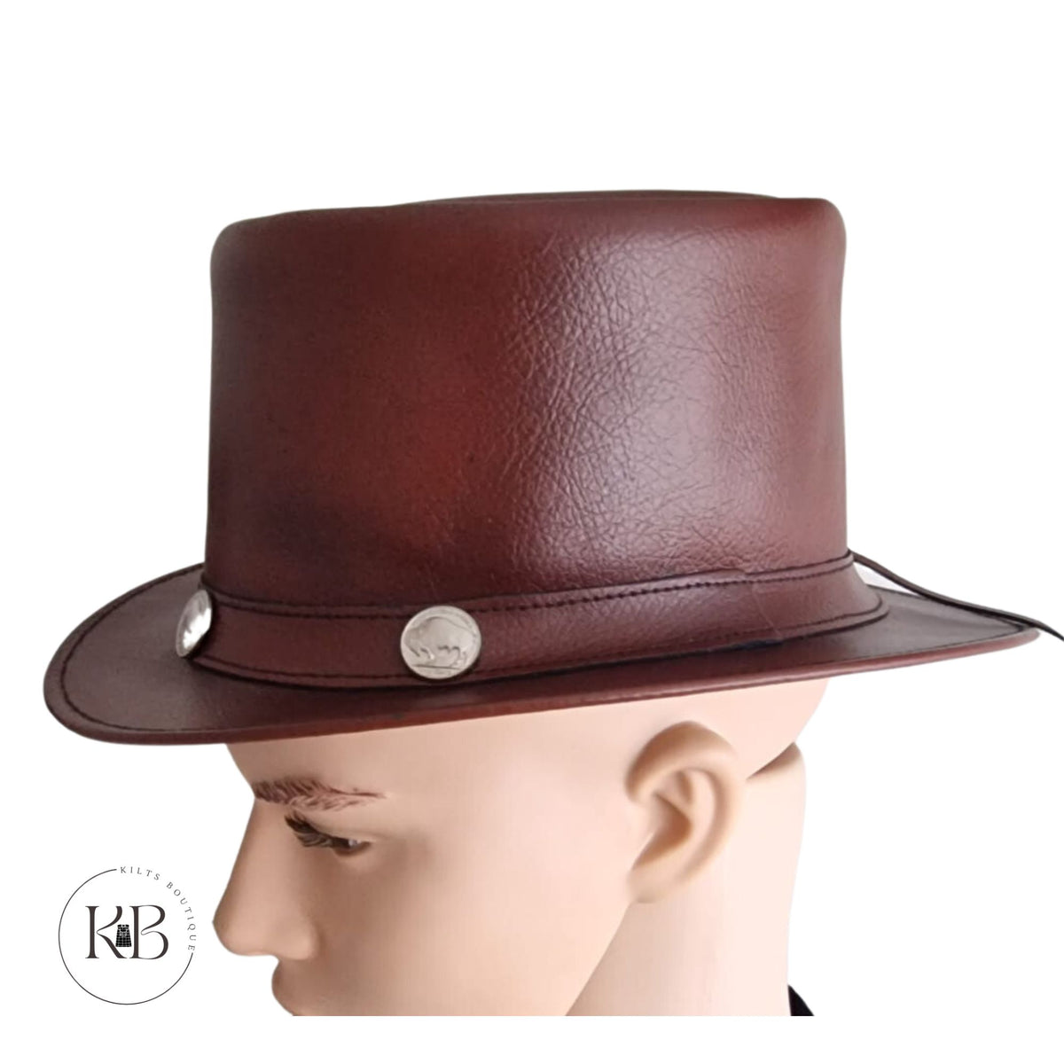 Burgundy El Dorado Steampunk Deadman Leather Top Hat w/ Buffalo Rider Bull Studs