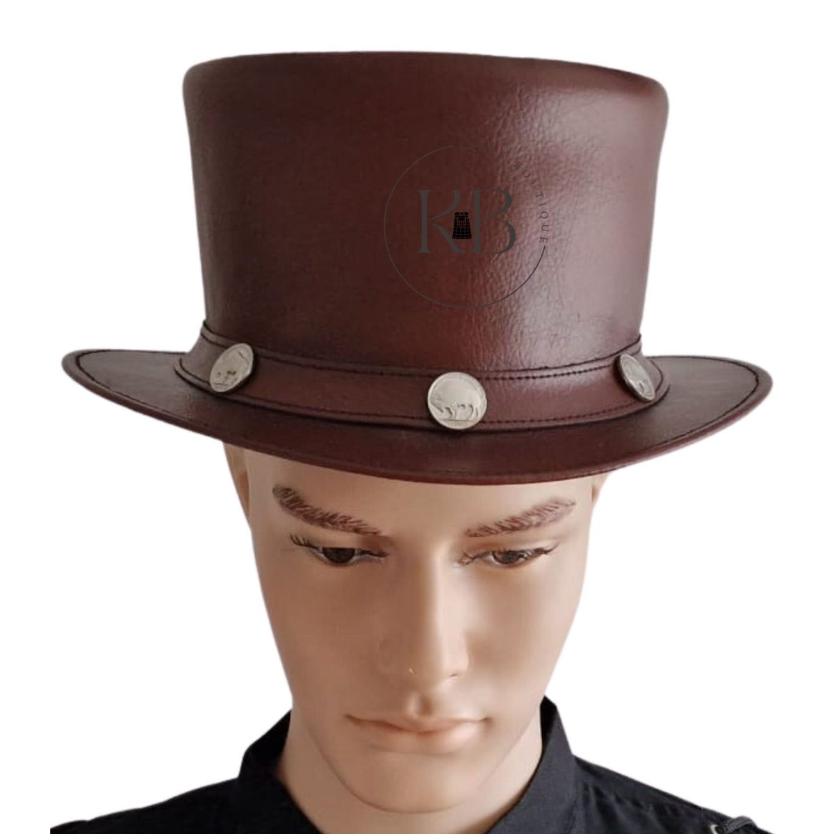 Burgundy El Dorado Steampunk Deadman Leather Top Hat w/ Buffalo Rider Bull Studs