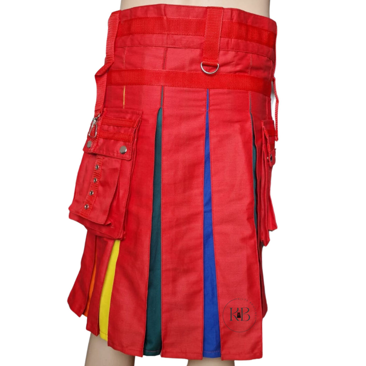 Men's Rainbow Red Cotton Hybrid Kilt Nylon Straps Scottish Utility Colorful Pleats Kilt - Pride Kilt