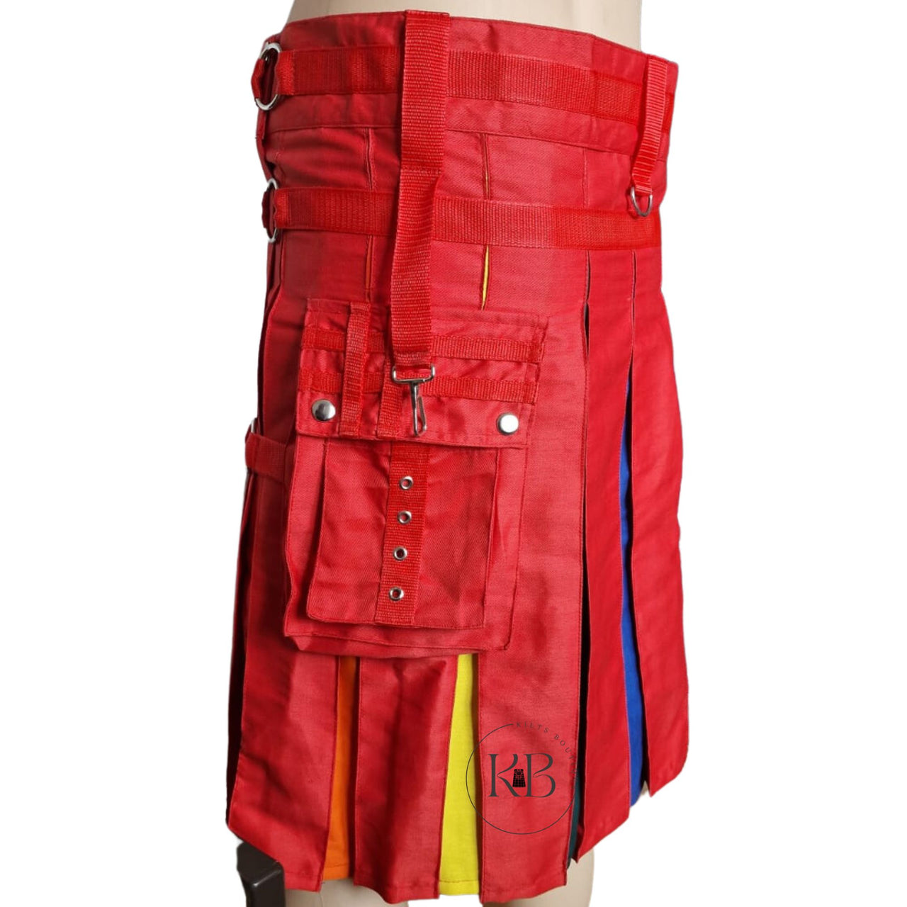 Men's Rainbow Red Cotton Hybrid Kilt Nylon Straps Scottish Utility Colorful Pleats Kilt - Pride Kilt