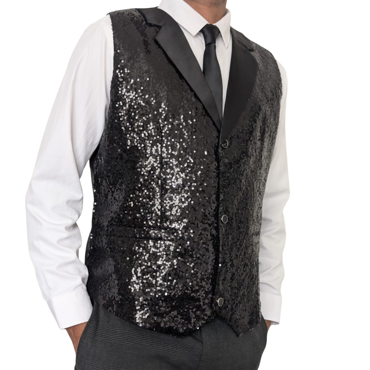 Men’s Black Sequin Waistcoat – Formal Party Vest with Satin Lapel for Wedding, Prom, Stage, Show