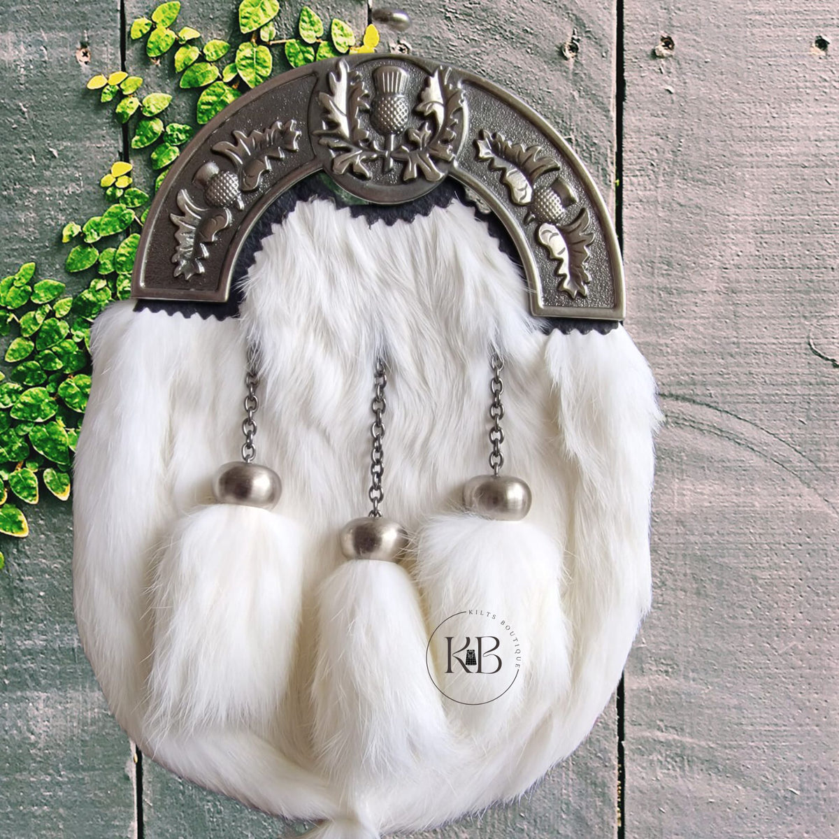 Pure White Rabbit Fur Antique Full Dress Sporran Thistle Cantle, Antique Finish Fur Sporran 3 Tassels
