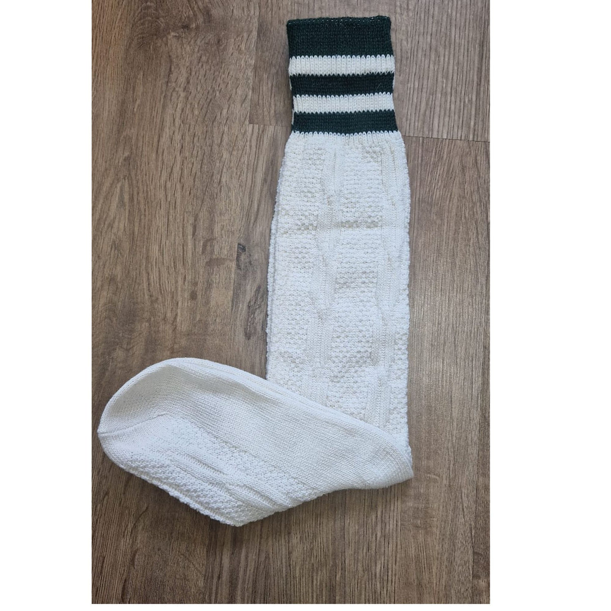 Bavarian Knee-High Cotton Trachten Socks – Oktoberfest Lederhosen Socks, Cable-Knit with Turnover Cuff (Cream w/ Green Stripes)