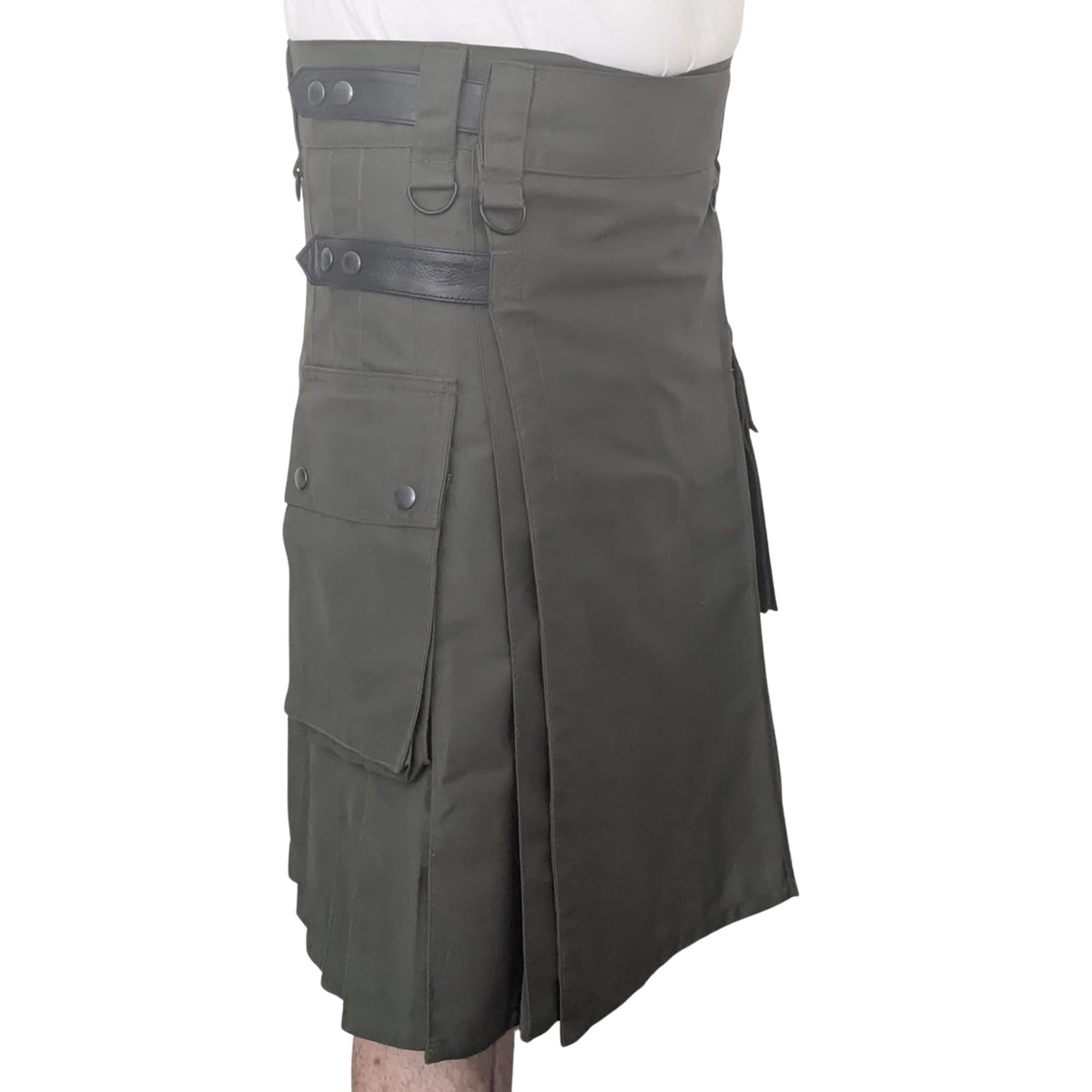 Men’s Utility Kilt – Army Green Cargo Pockets, Adjustable Straps & D-Rings, Pleated Work/Tactical Kilt