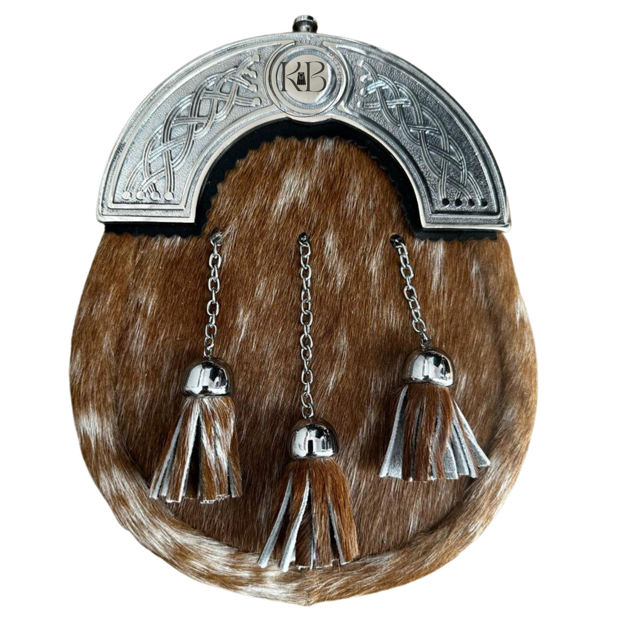 Scottish Full-Dress Real Leather Sporran Handcrafted, Celtic Cantle With 3 tassels & Chain