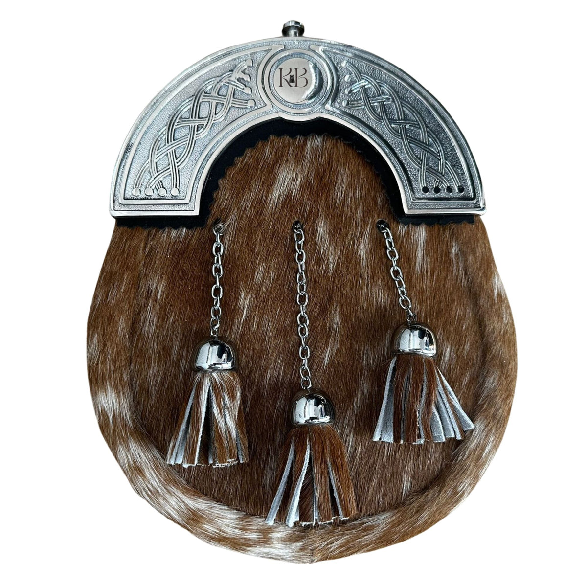 Scottish Full-Dress Real Leather Sporran Handcrafted, Celtic Cantle With 3 tassels & Chain