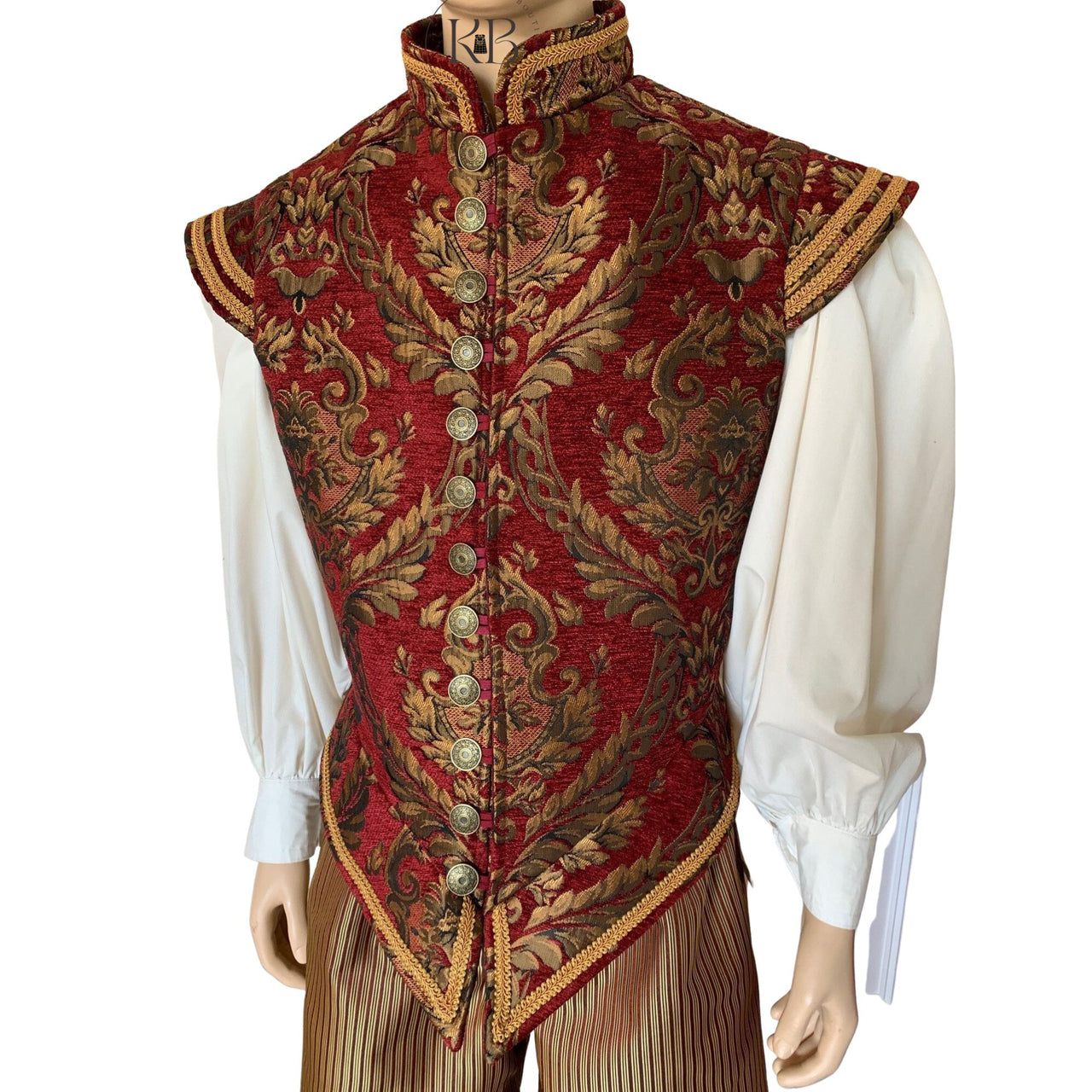 Men Renaissance Tudor Elizabeth Vest Pirate Colonial Red & Gold Brocade Jerkin Vest