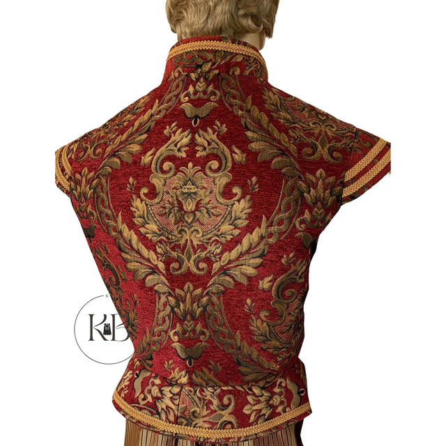 Men Renaissance Tudor Elizabeth Vest Pirate Colonial Red & Gold Brocade Jerkin Vest