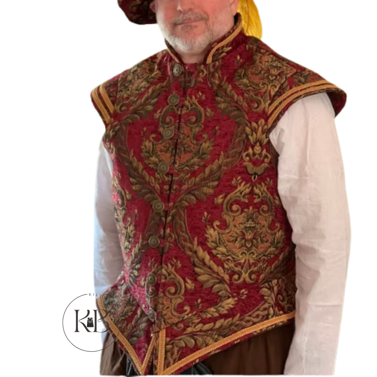 Men Renaissance Tudor Elizabeth Vest Pirate Colonial Red & Gold Brocade Jerkin Vest
