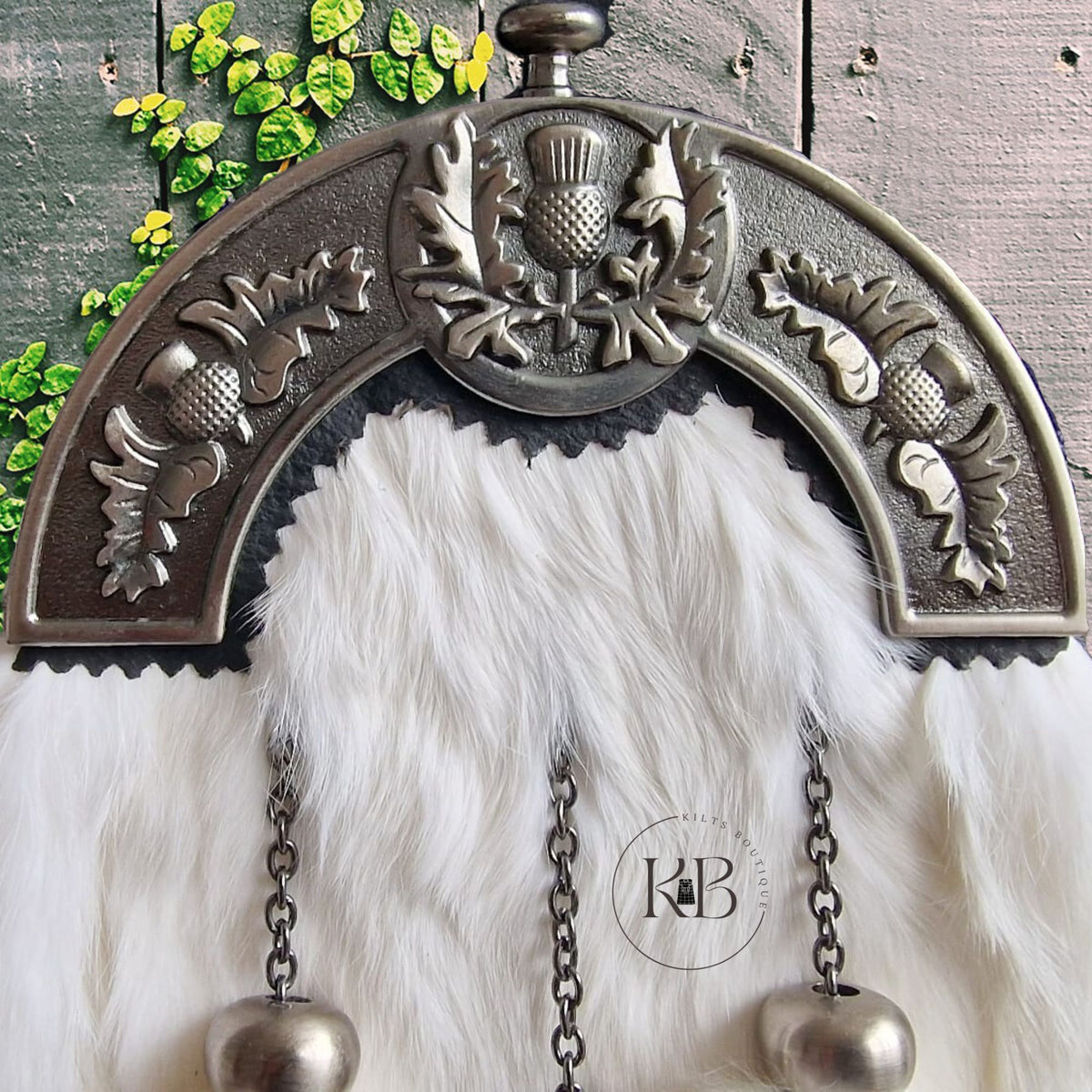 Pure White Rabbit Fur Antique Full Dress Sporran Thistle Cantle, Antique Finish Fur Sporran 3 Tassels