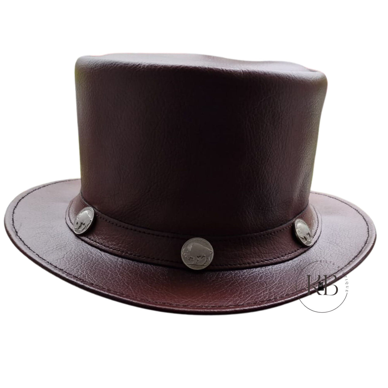 Burgundy El Dorado Steampunk Deadman Leather Top Hat w/ Buffalo Rider Bull Studs