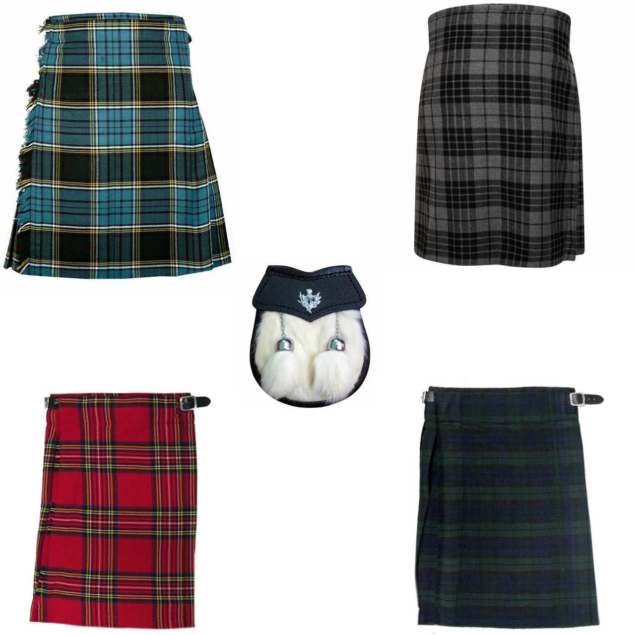 Collection of plaid kilt designs on a white background