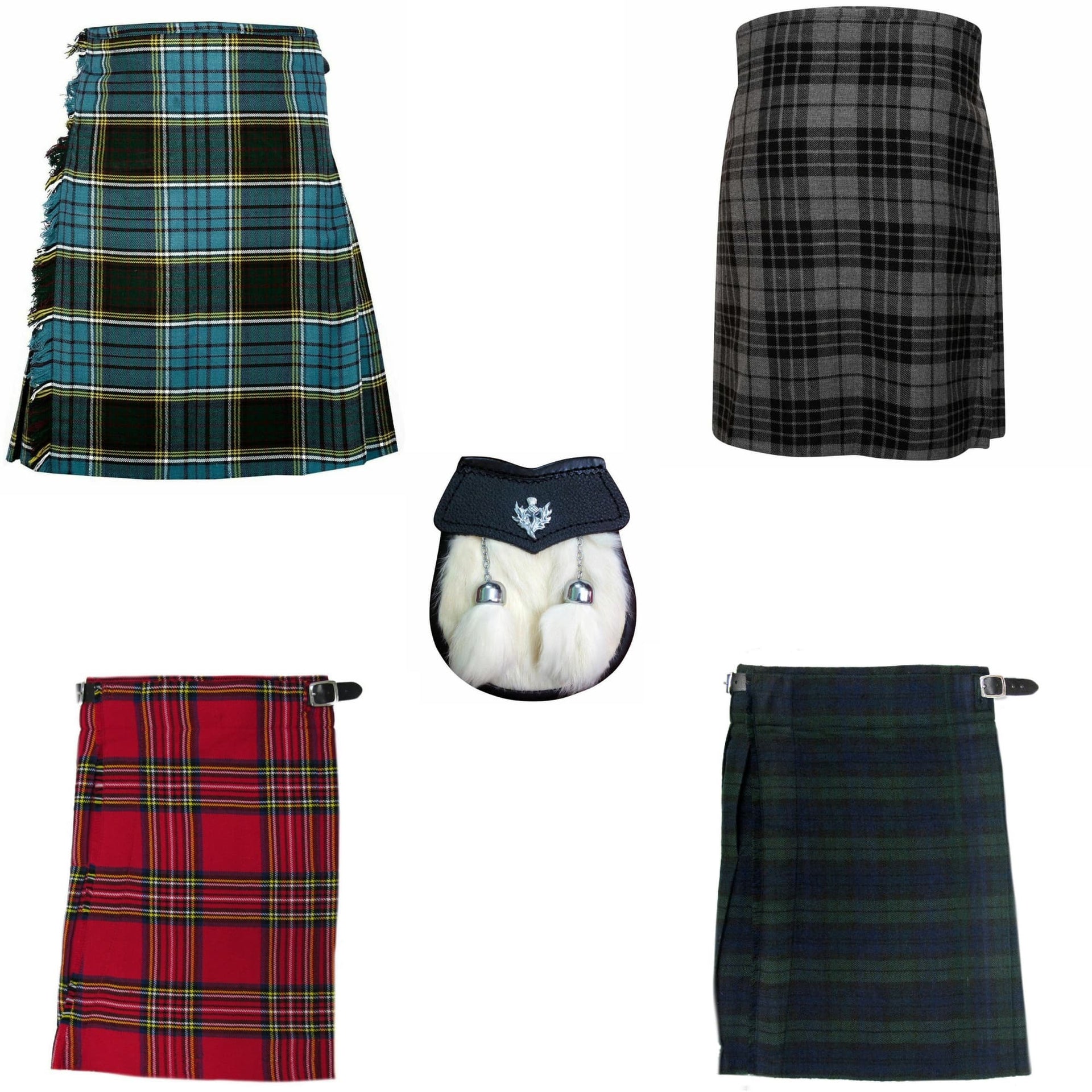 Collection of plaid kilt designs on a white background