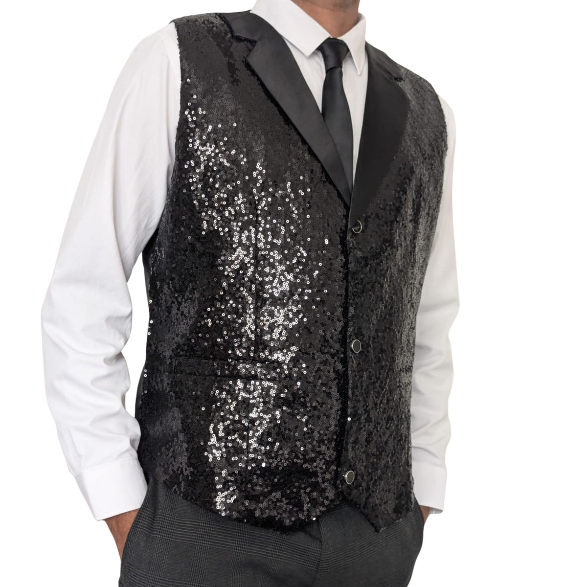 Men’s Black Sequin Waistcoat – Formal Party Vest with Satin Lapel for Wedding, Prom, Stage, Show