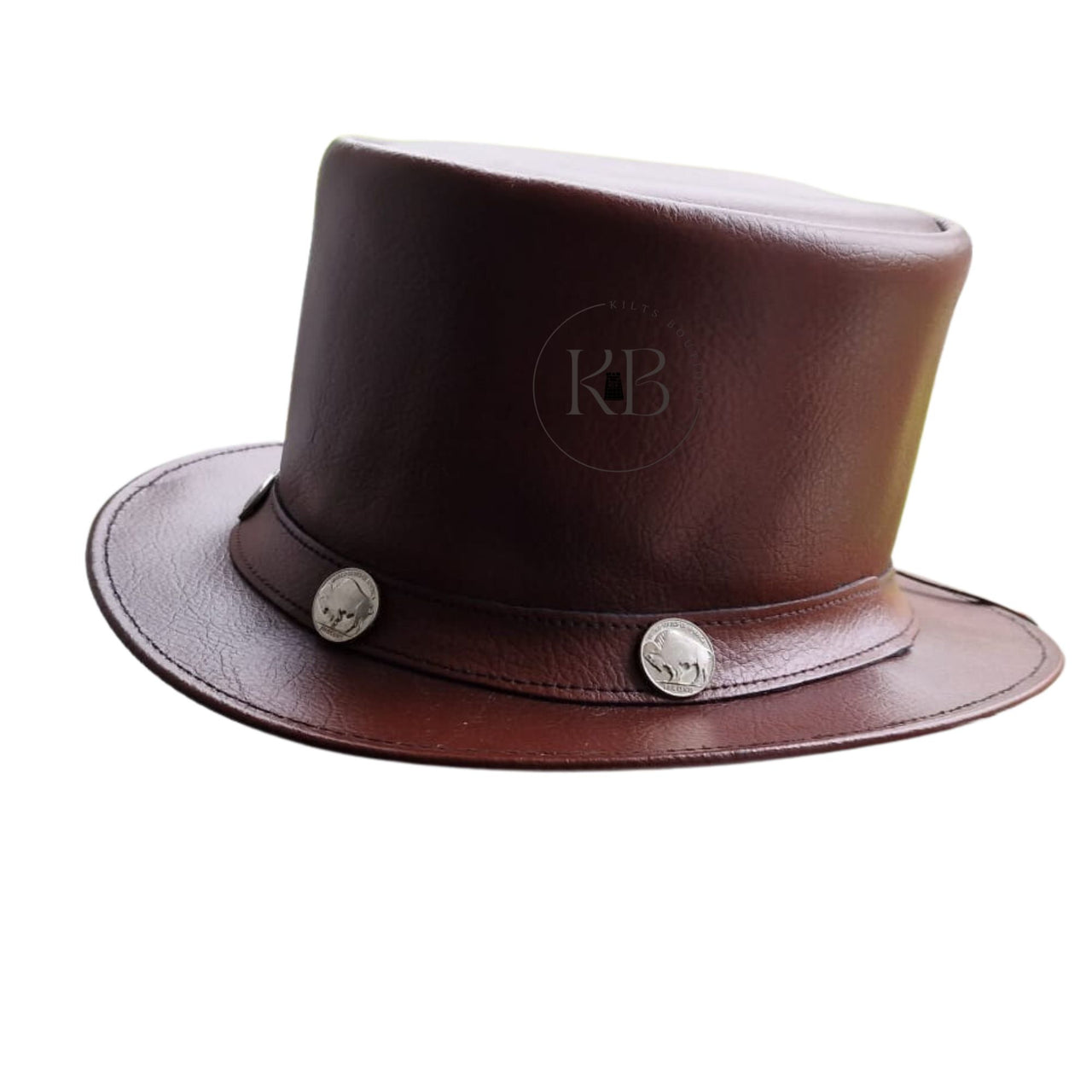 Burgundy El Dorado Steampunk Deadman Leather Top Hat w/ Buffalo Rider Bull Studs