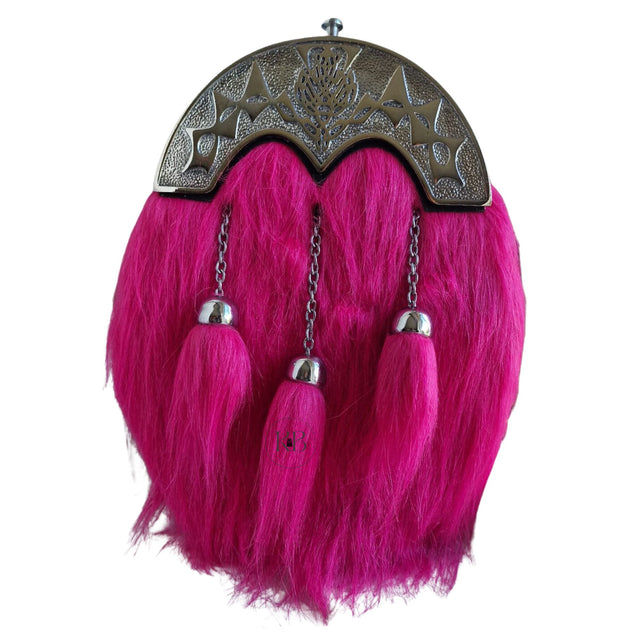 Pink Scottish & Highland Sporran Full Dress Fur Big Thistle Cantle With 3 Tassels Chrome Finish.
