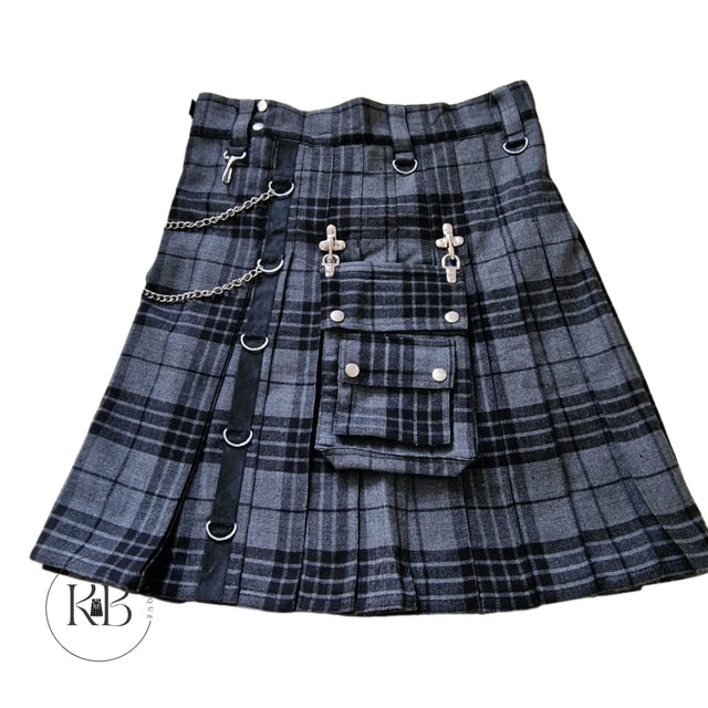 Highland Grey Gothic Kilt Detachable Pockets Modern Gothic Fashion Kilt Active Men