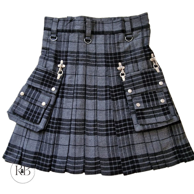Highland Grey Gothic Kilt Detachable Pockets Modern Gothic Fashion Kilt Active Men