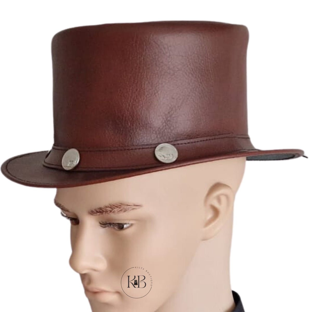Burgundy El Dorado Steampunk Deadman Leather Top Hat w/ Buffalo Rider Bull Studs