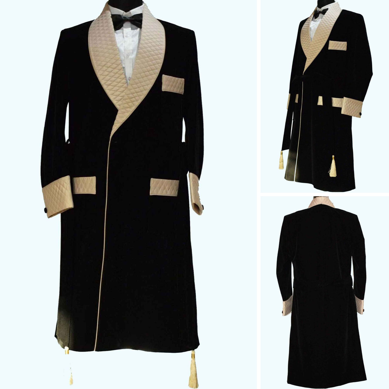 Men's Velvet Smoking Quilted Long Dinner Coat, Men's Velvet Long Smoking Coat, Smoking jackets