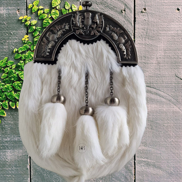 Pure White Rabbit Fur Antique Full Dress Sporran Thistle Cantle, Antique Finish Fur Sporran 3 Tassels