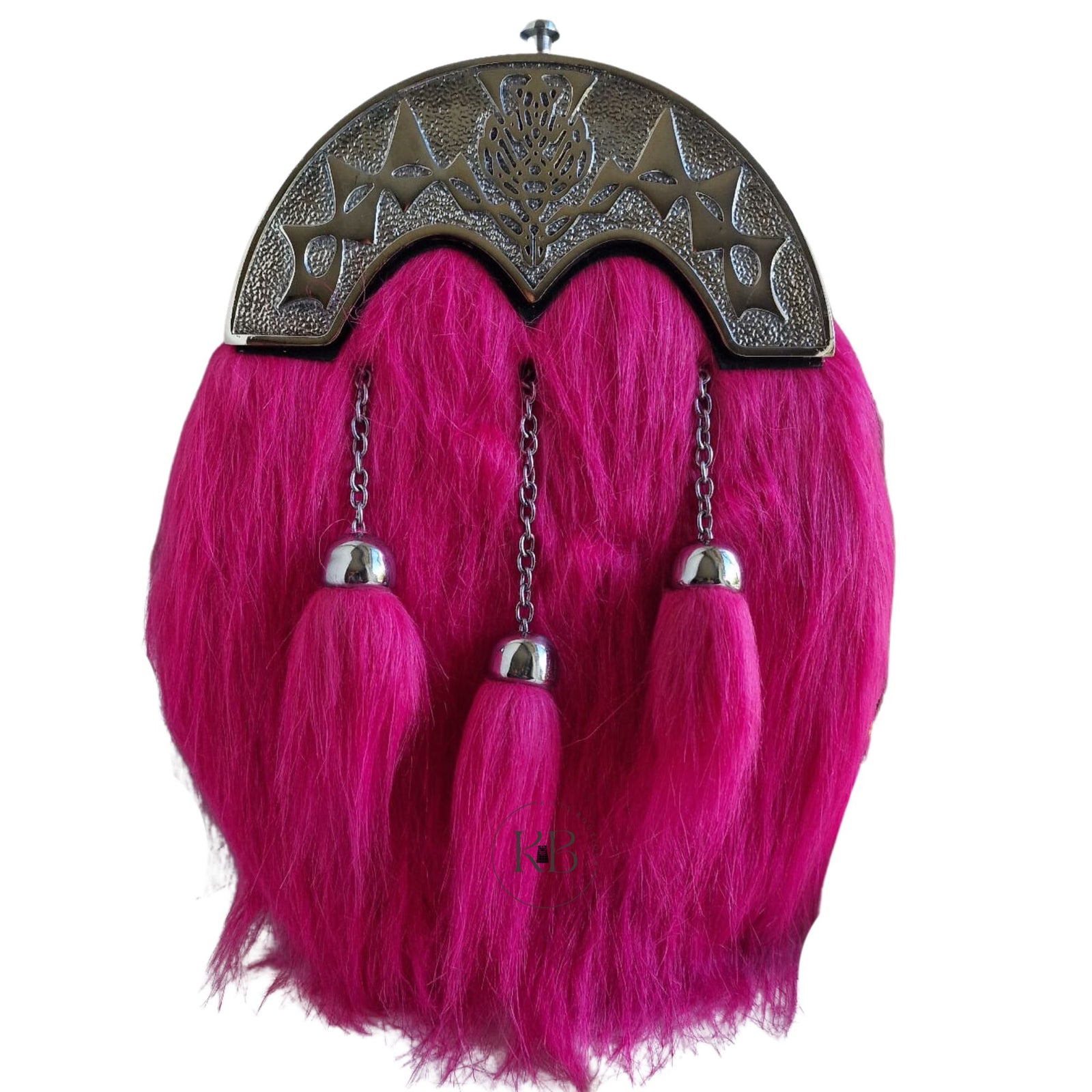 Pink Scottish & Highland Sporran Full Dress Fur Big Thistle Cantle With 3 Tassels Chrome Finish.