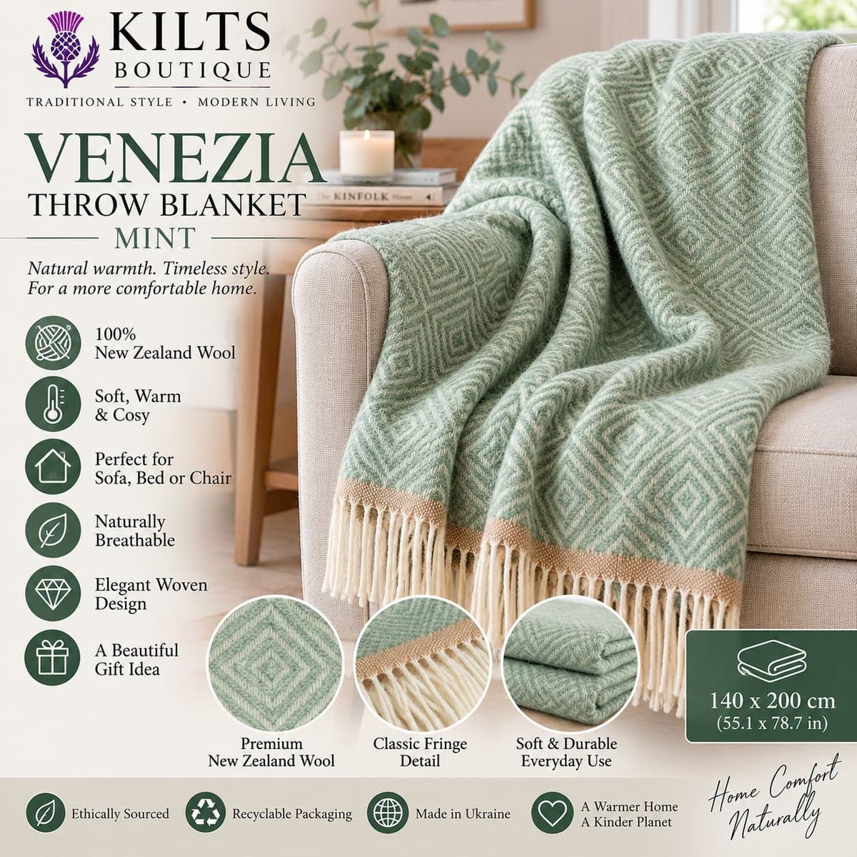 Venezia Mint Green 100% New Zealand Wool Throw Blanket 140 x 200cm