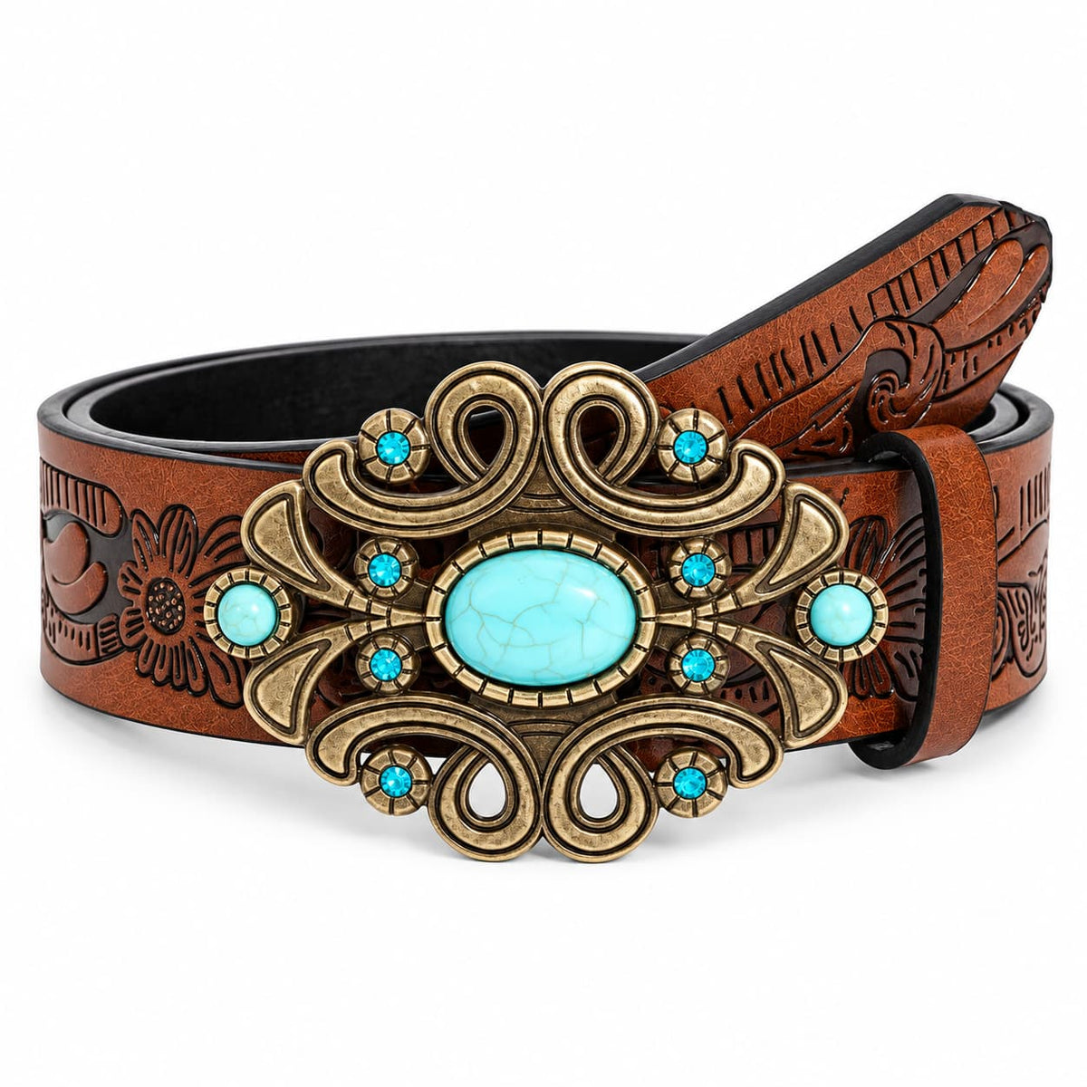 Women’s Western PU Leather Belt with Turquoise Buckle
