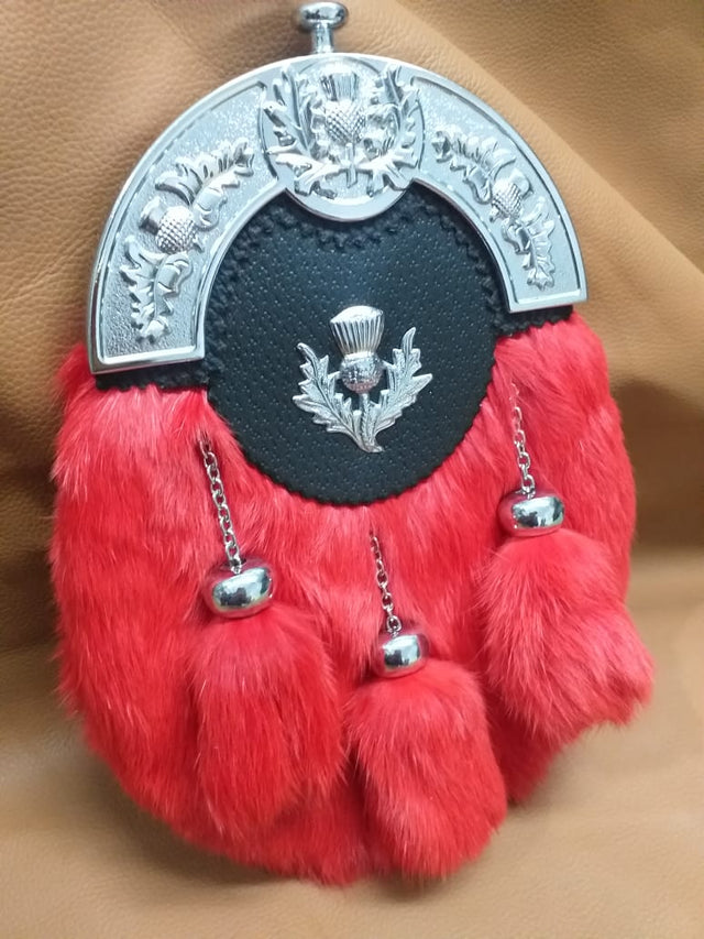 Red Full Dress Sporran Thistle Cantle, Chrome Finish Rabbit Fur Sporran with 3 Tassels