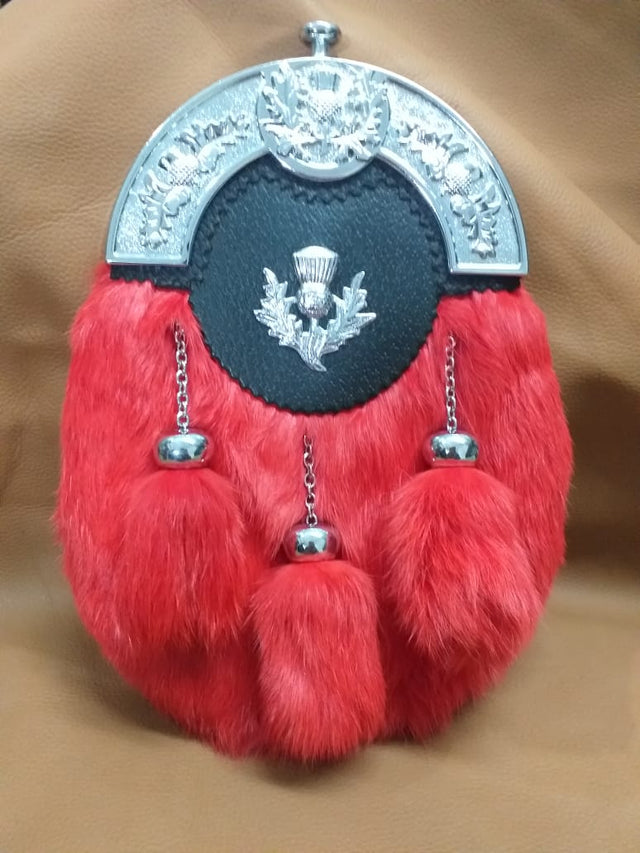 Red Full Dress Sporran Thistle Cantle, Chrome Finish Rabbit Fur Sporran with 3 Tassels