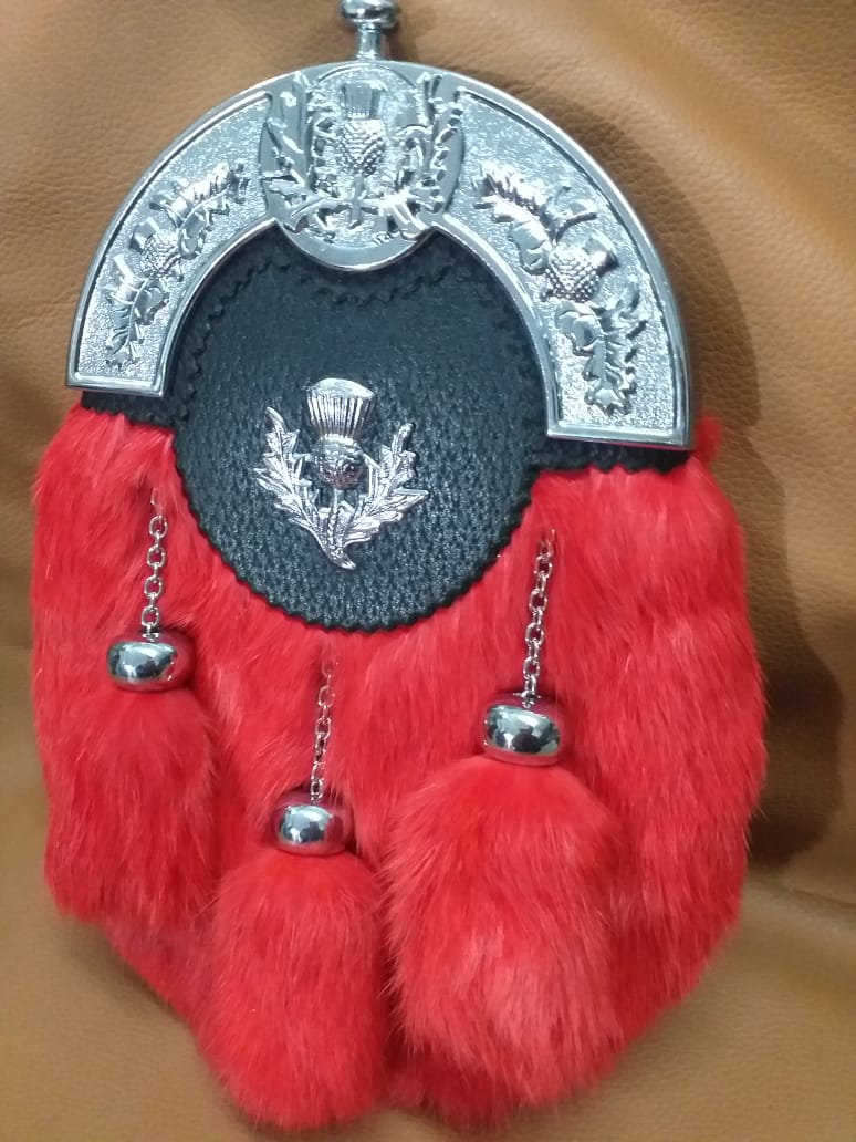 Red Full Dress Sporran Thistle Cantle, Chrome Finish Rabbit Fur Sporran with 3 Tassels