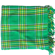 Green plaid fabric with yellow and white lines on a white background