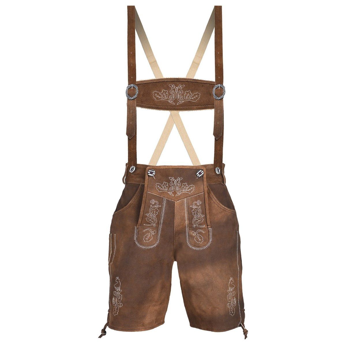 Men’s Traditional Brown Suede Leather Lederhosen Shorts with Embroidered Suspenders, Bavarian Oktoberfest German Beer Festival Outfit