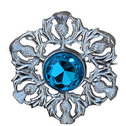 Decorative brooch with blue gem and silver thistle design on a white background