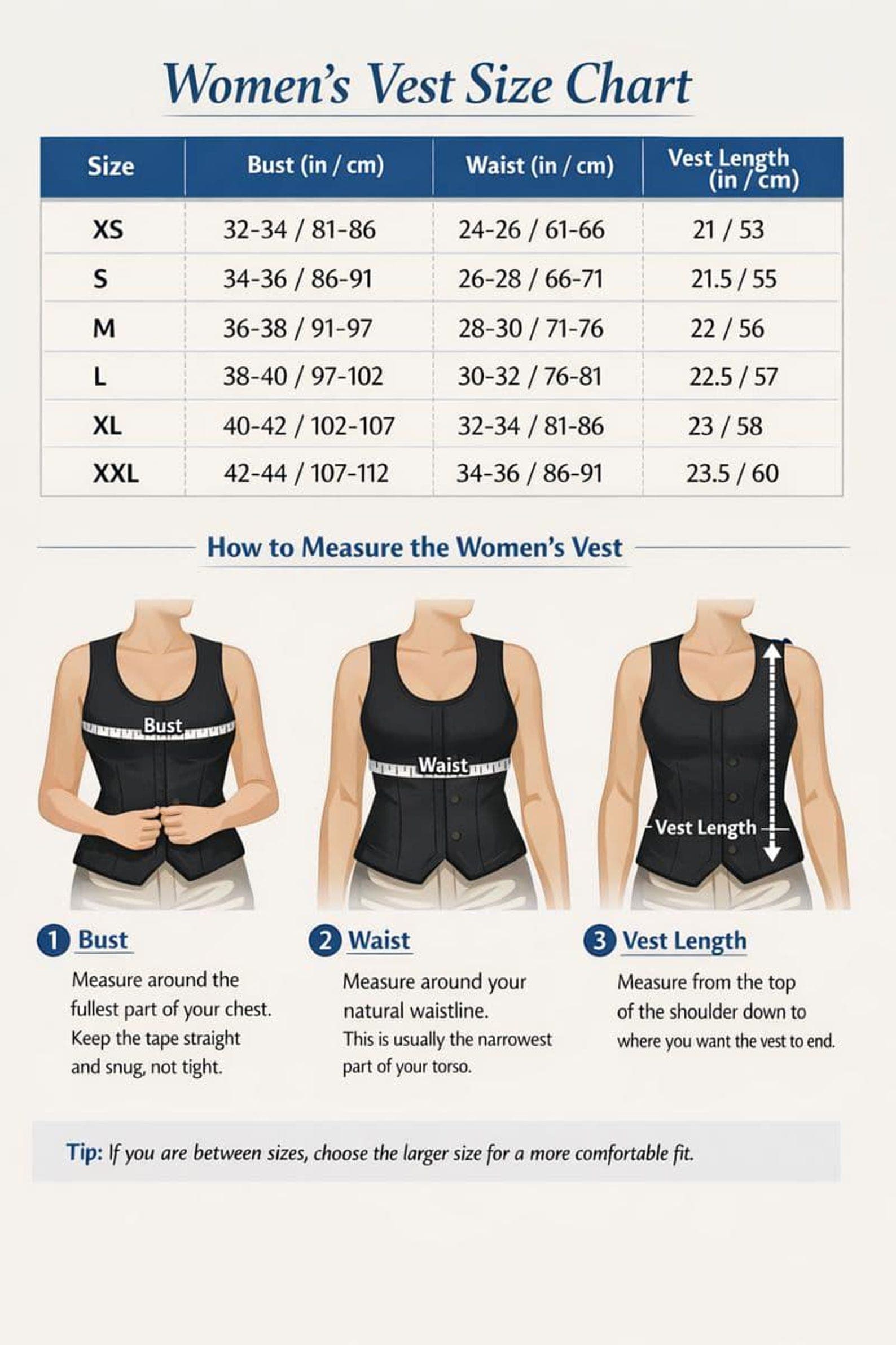 Women's vest size chart with measurements and illustrations of how to measure bust, waist, and vest length.