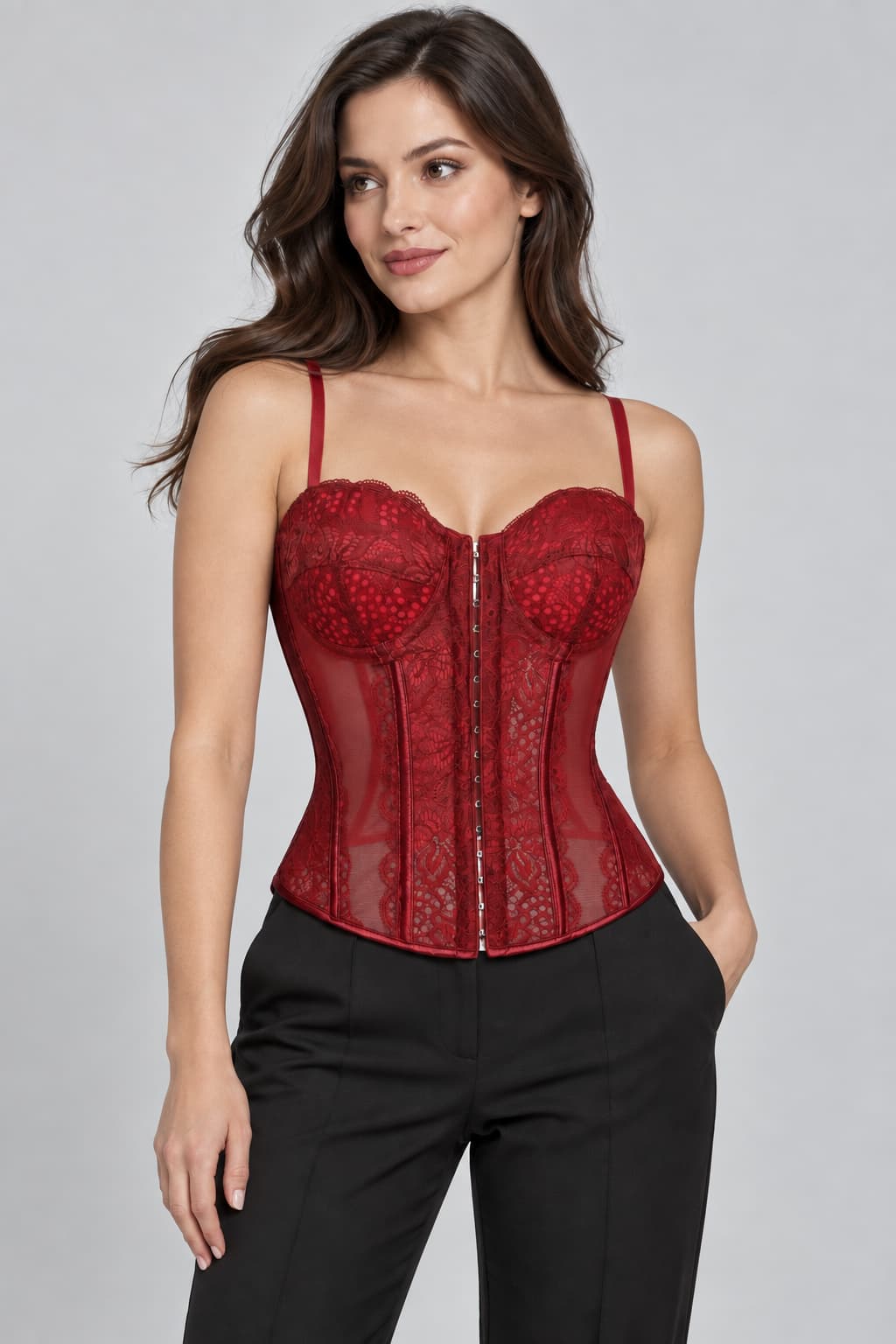 Women’s Wine Red Lace Corset Top with Front Hook Closure