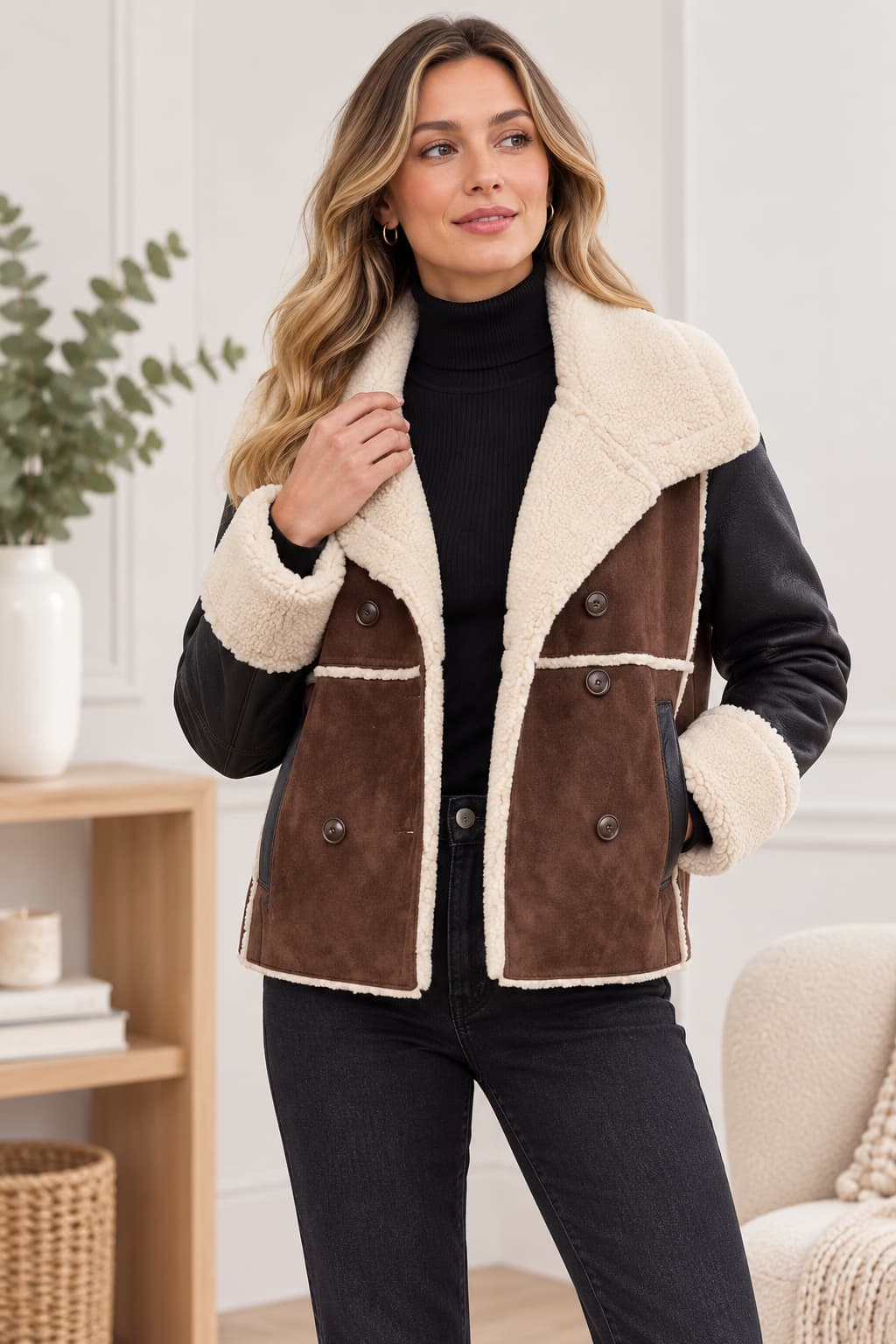 Women’s Brown Faux Leather Shearling Jacket with Denim Sleeves