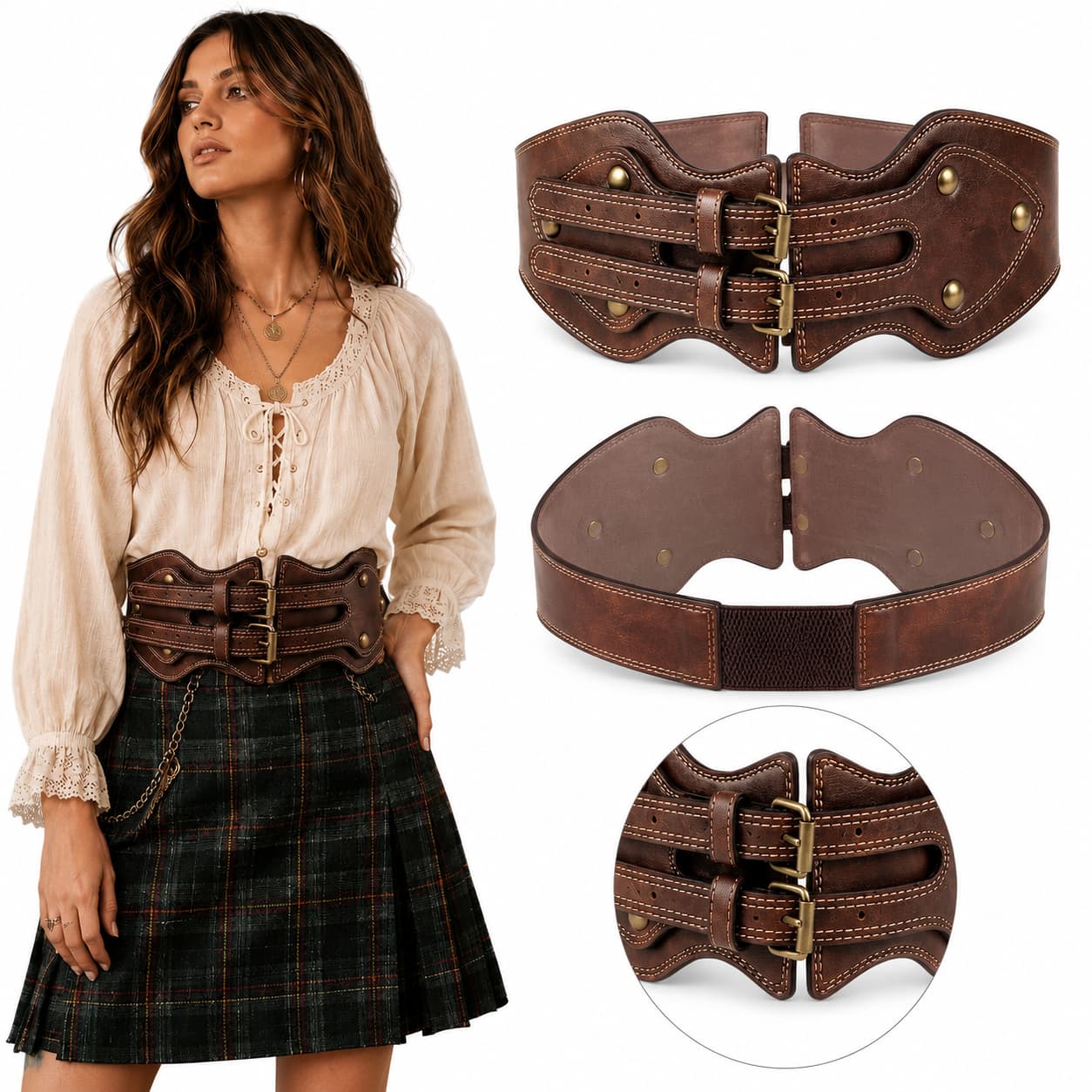 Luxury Ladies Wide Elastic Vintage Leather Waist Belt