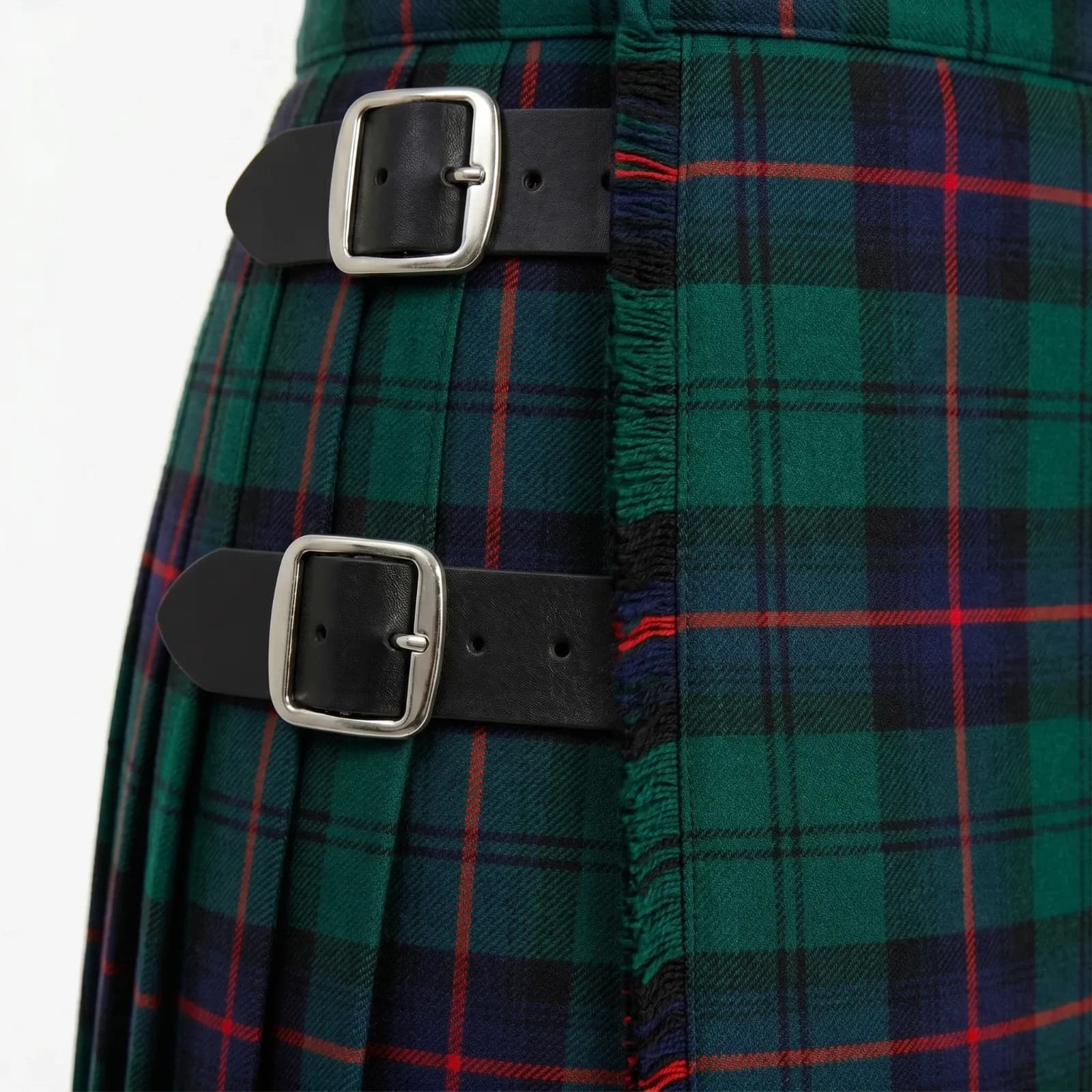 Armstrong Modern Tartan Kilt in green, navy blue, and red tartan pattern with pleated design and adjustable leather buckle straps Close Up Buckles