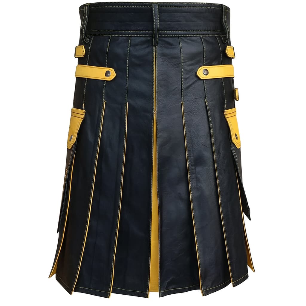 Black kilt with yellow accents on a white background