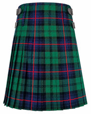 Armstrong Modern Tartan Kilt in green, navy blue, and red tartan pattern with pleated design and adjustable leather buckle straps Back