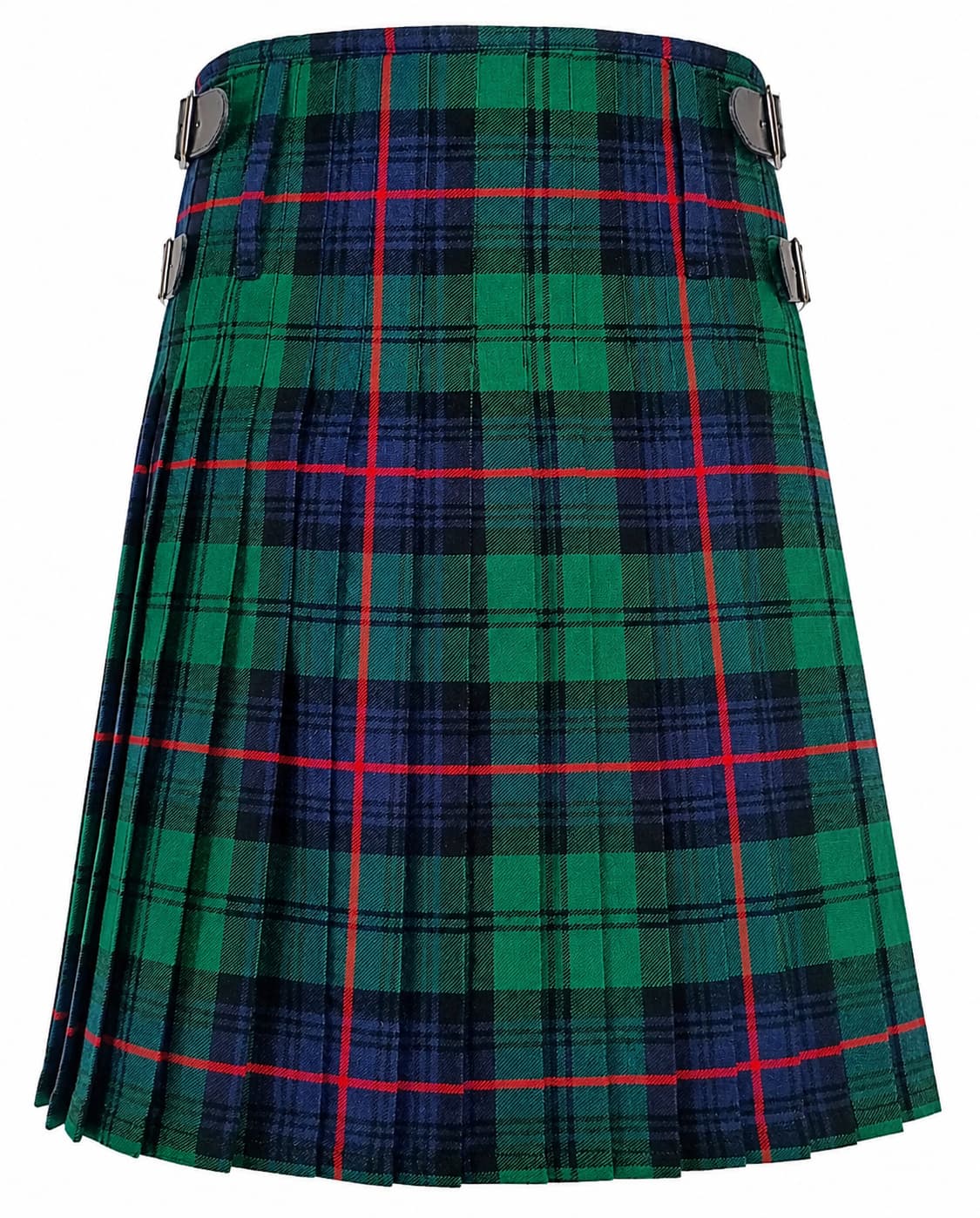Armstrong Modern Tartan Kilt in green, navy blue, and red tartan pattern with pleated design and adjustable leather buckle straps Back