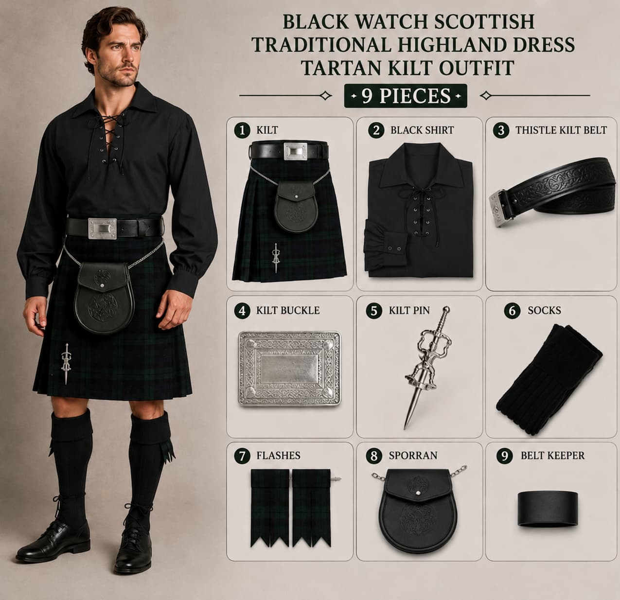Black Watch Scottish Men's Traditional Highland Dress Tartan Kilt Outfit 9 Piece Set with Black Jacobite Ghillie Shirt, Sporran & Belt