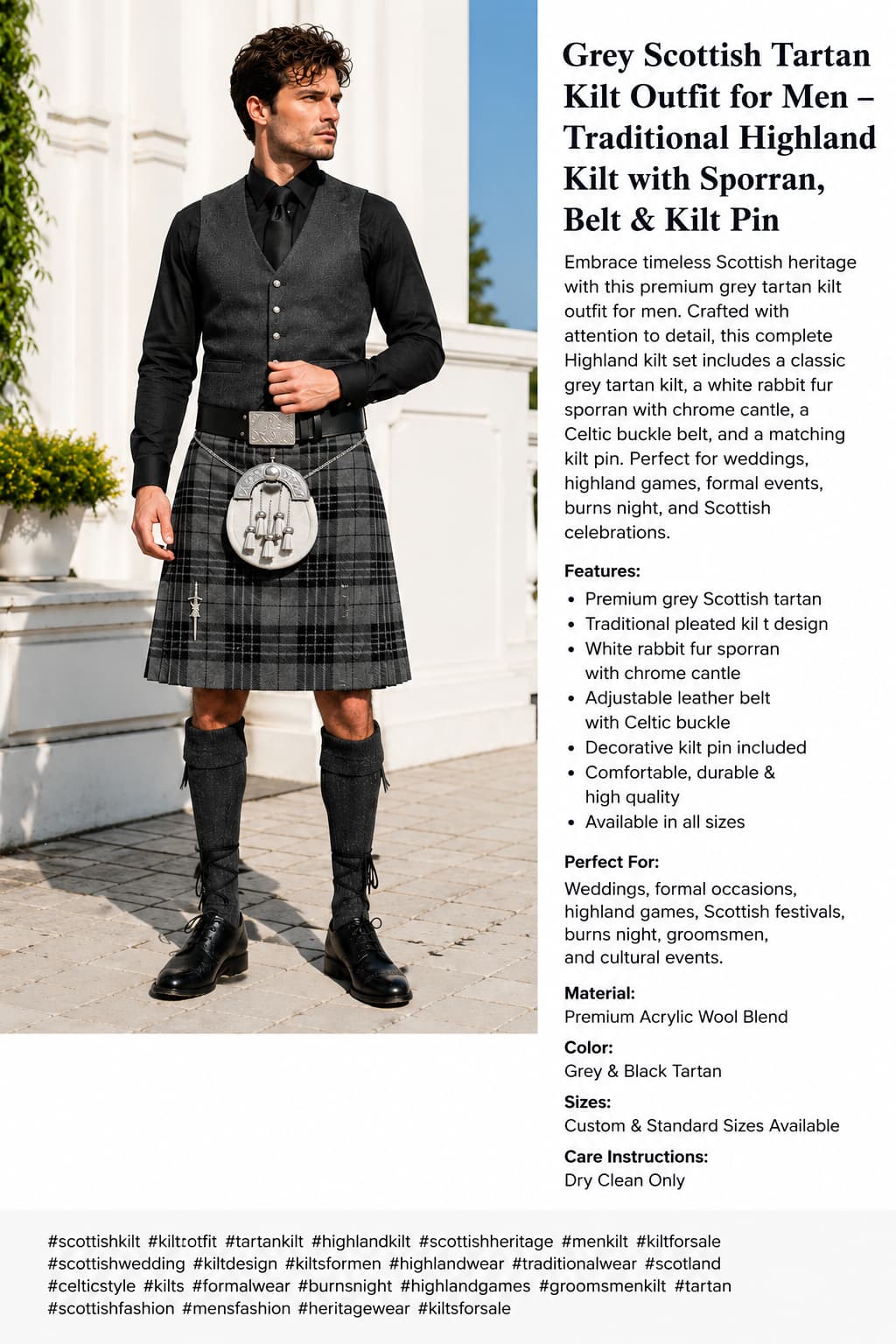 Grey Scottish Tartan Kilt for Men – Traditional Highland Kilt Outfit with White Fur Sporran, Belt & Kilt Pin