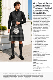 Grey Scottish Tartan Kilt for Men – Traditional Highland Kilt Outfit with White Fur Sporran, Belt & Kilt Pin