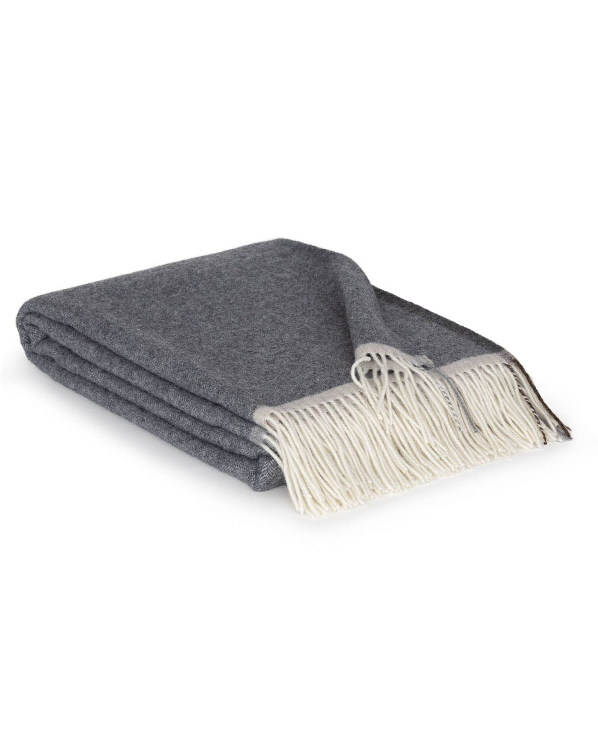 A folded dark gray wool blanket with cream-colored fringe tassels, displayed on a clean white background.