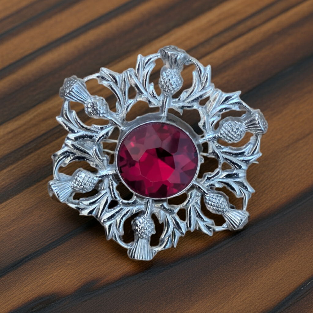 Scottish Thistle Brooch with Gemstone – Highland Clan Kilt Pin – Celtic Luck Symbol – Silver Finish – Kilts Boutique