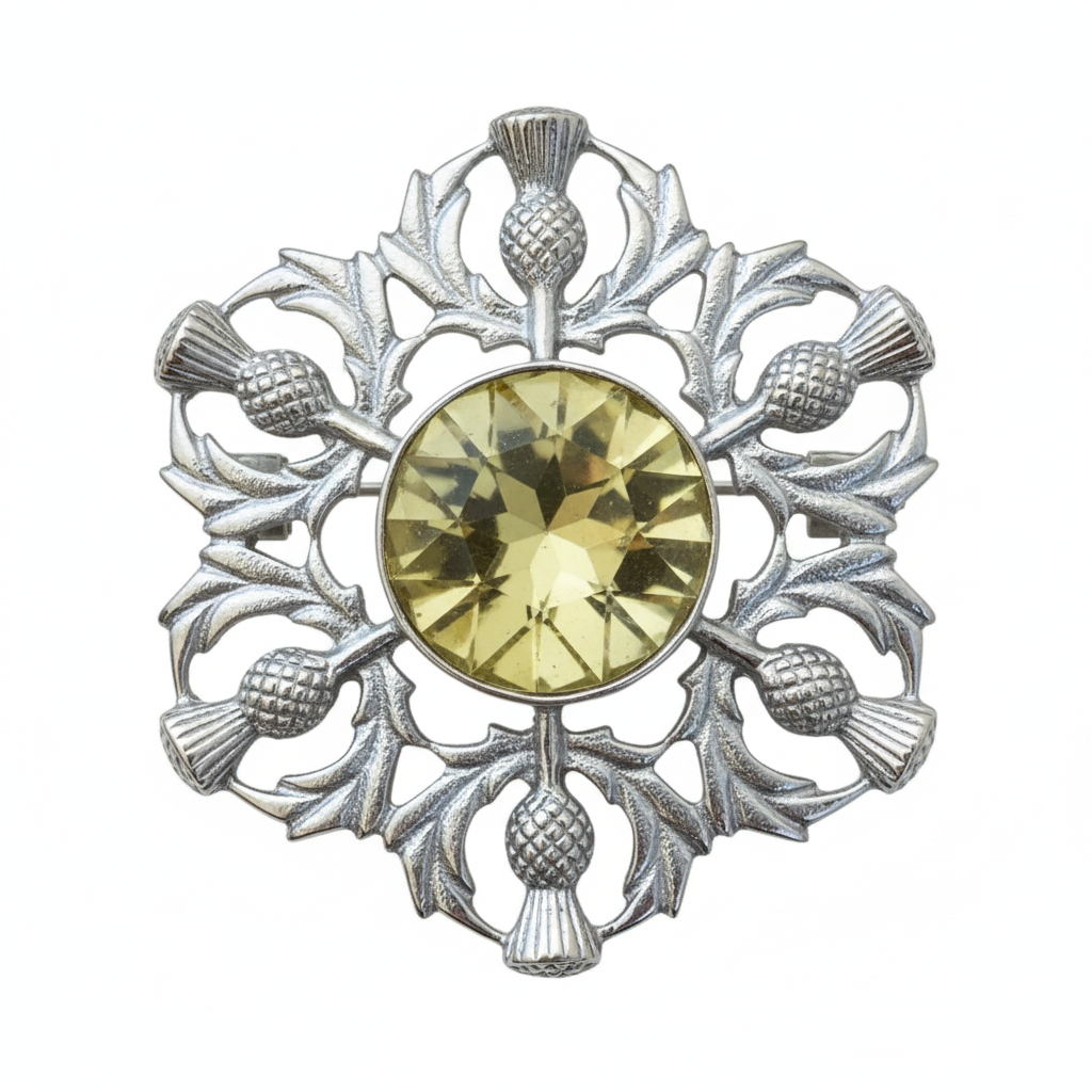 Decorative brooch with a yellow gemstone and silver thistle design on a white background