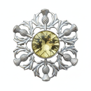 Decorative brooch with a yellow gemstone and silver thistle design on a white background